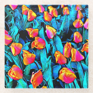 Orange and Gold Artsy Tulips Glass Coaster