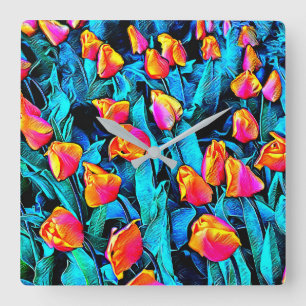 Orange and Gold Artsy Tulips Square Wall Clock