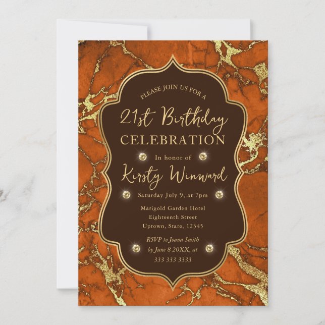 Orange and Gold Autumn Fall Marble 21st Birthday Invitation (Front)