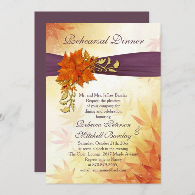 Orange and gold Autumnal leaves Rehearsal Dinner Invitation (Front/Back)