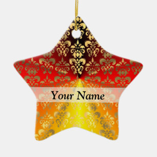 Orange and gold damask pattern ceramic ornament