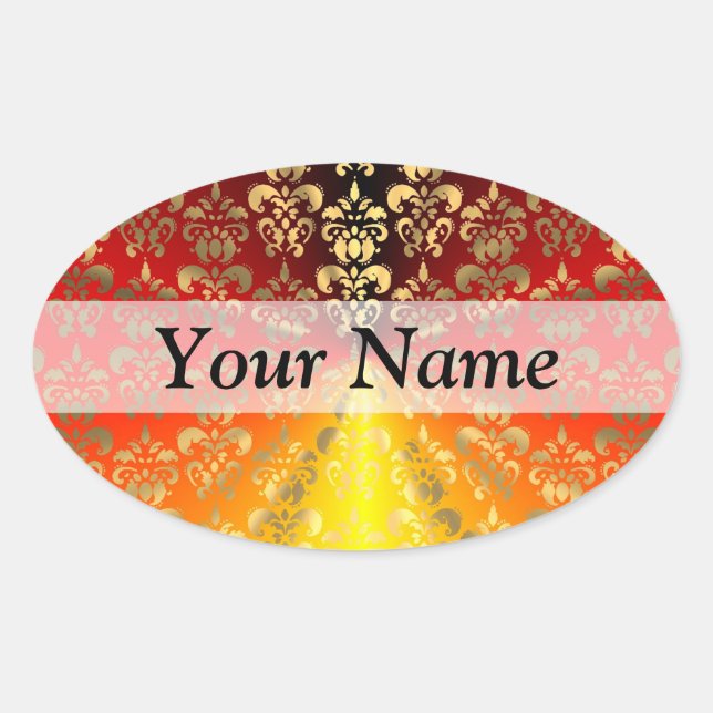 Orange and gold  damask pattern oval sticker (Front)
