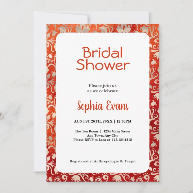 Orange and Gold Floral White Bridal Shower Invitation (Front)