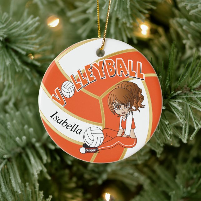 Orange and Gold Girl Volleyball Ceramic Ornament (Tree)