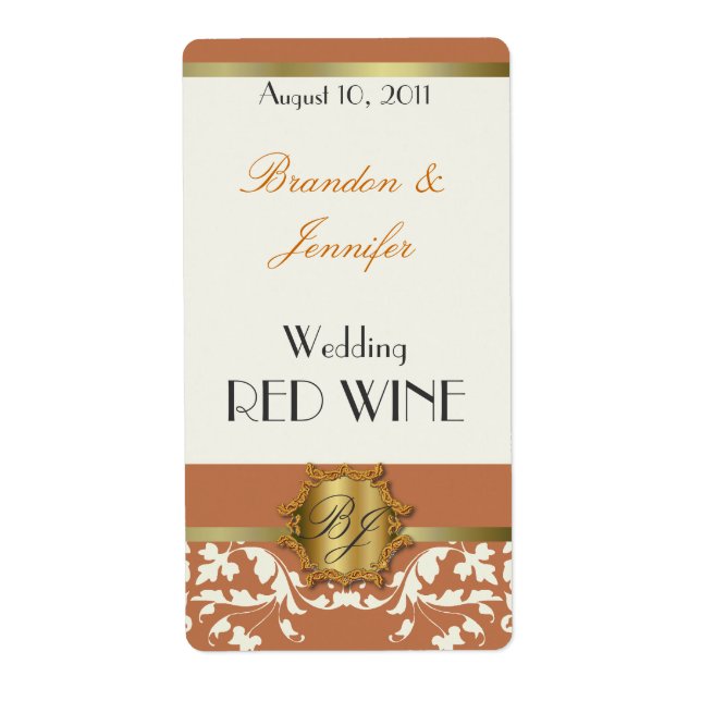 Orange and Gold Monogram Wedding Mini Wine Labels (Front)