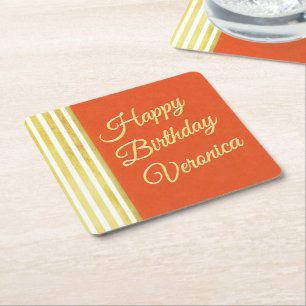 Orange and Gold Personalise Birthday Vintage Look Square Paper Coaster