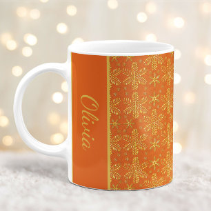 Orange and Gold Snowflakes Christmas Mug with Name