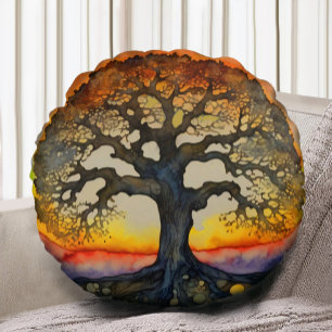 Orange and Gold Tree of Life Round Cushion