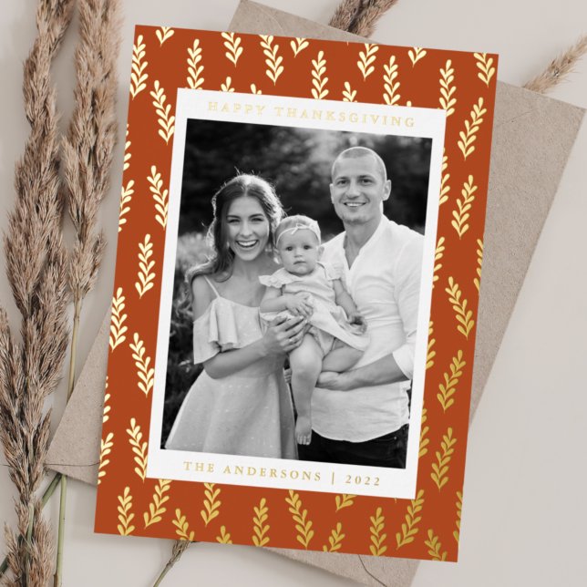 Orange and Golden Foliage Photo Thanksgiving Foil Holiday Card (Creator Uploaded)
