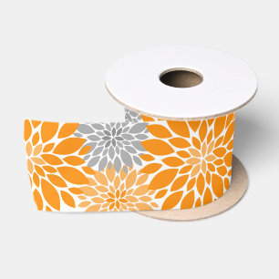 Orange and Gray Chrysanthemums Floral Pattern Satin Ribbon