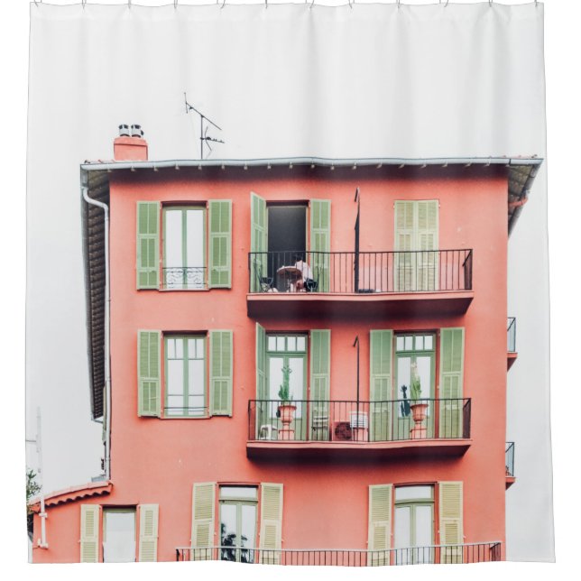 ORANGE AND GREEN 4-STOREY BUILDING SHOWER CURTAIN (Front)