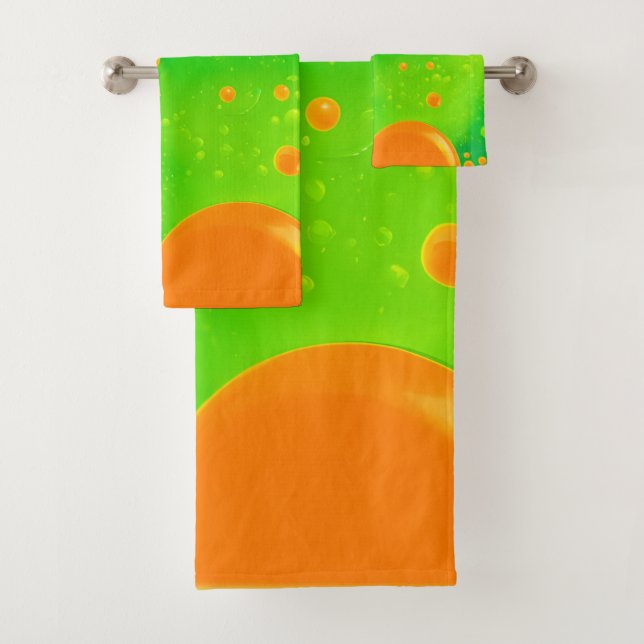 Orange and Green Bubble Abstract Art Bath Towel Set (Insitu)
