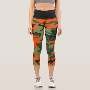 Orange and Green Camouflage, Military, Army Capri Leggings