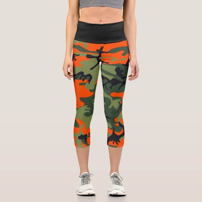 Orange and Green Camouflage, Military, Army Capri Leggings (Front)