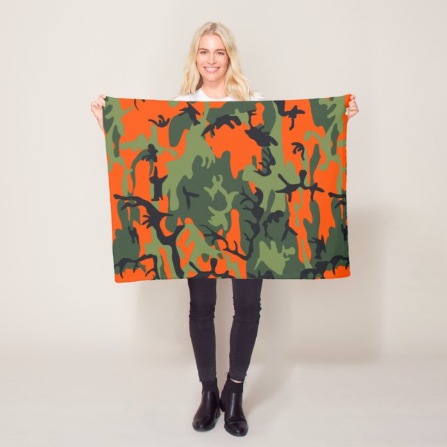 Orange and Green Camouflage, Military, Army Fleece Blanket (In Situ)