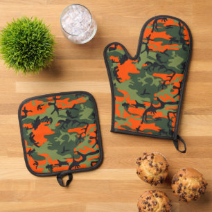 Orange and Green Camouflage, Military, Army Oven Mitt & Pot Holder Set
