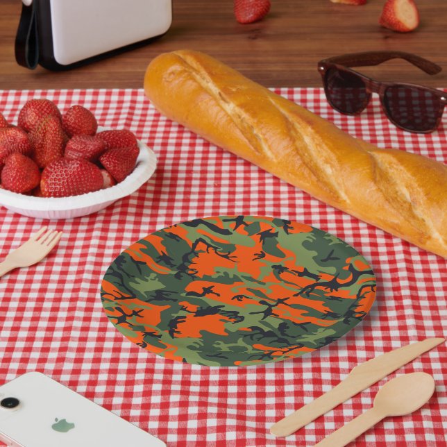 Orange and Green Camouflage, Military, Army Paper Plate (Picnic)