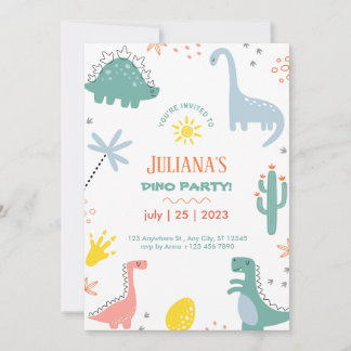 Orange And Green Childish Dinosaur Birthday Invitation