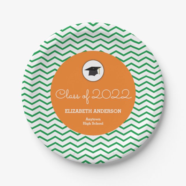Orange and Green Class of 2022 Graduation  Paper Plate (Front)
