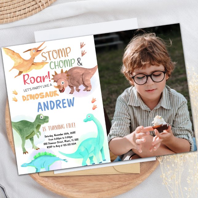 Orange and Green Dinosaur Birthday Invitation (Orange Green Dinosaur Birthday Invitations photo)