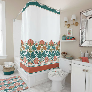 Orange and green floral border shower curtain