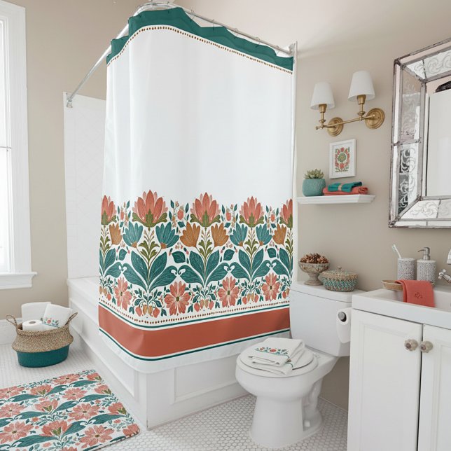 Orange and green floral border shower curtain (Creator Uploaded)