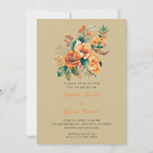 Orange And Green Floral Bouquet Olive Wedding Invitation