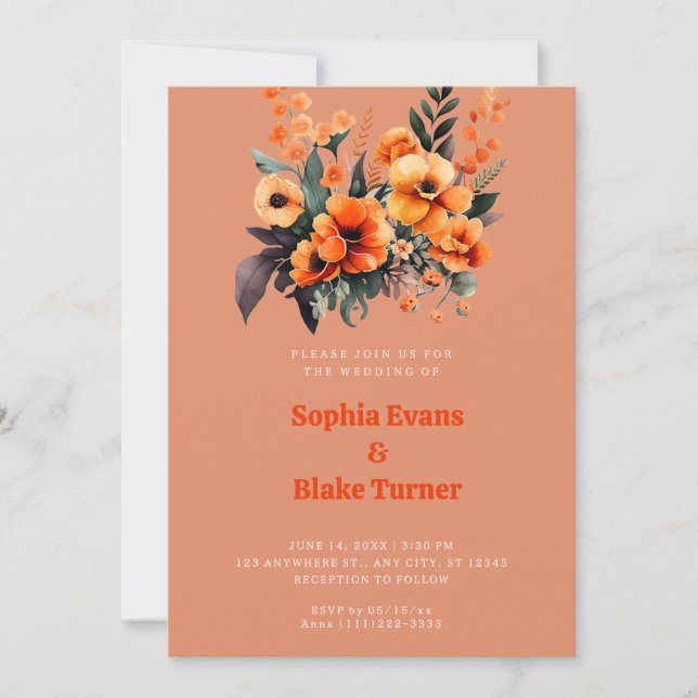 Orange and Green Floral Bouquet Orange Wedding Invitation (Front)