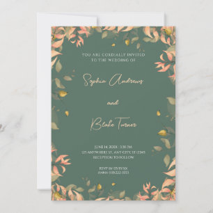 Orange and Green Floral Leaves Green Wedding Invitation