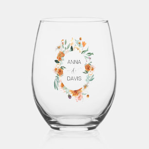 Orange and Green Floral Wedding  Stemless Wine Glass