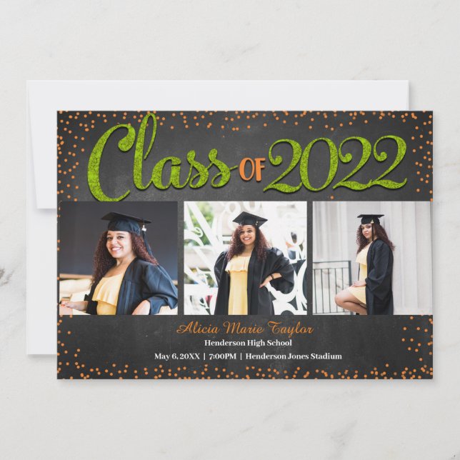 Orange and Green Glitter Photo Graduation Invitation (Front)