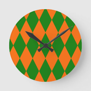 Orange and Green Harlequin Checkered Design Round Clock