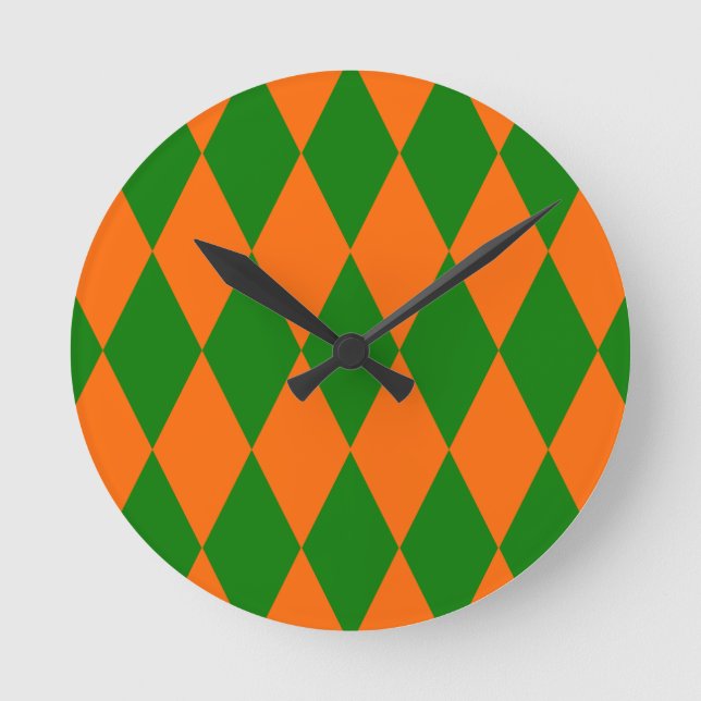 Orange and Green Harlequin Checkered Design  Round Clock (Front)