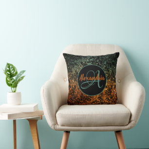  Orange and Green Moody Black Floral Monogram  Cushion
