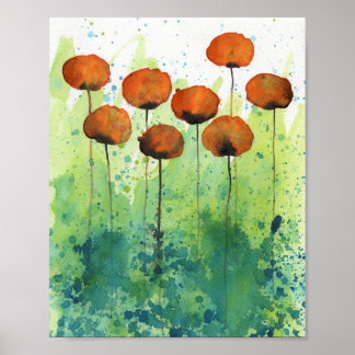 Orange and Green Poppies, Watercolor Flowers Wall Poster