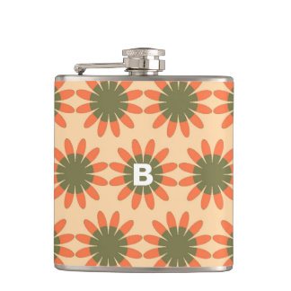 Orange and Green Retro Flower Pattern Monogram Hip Flask