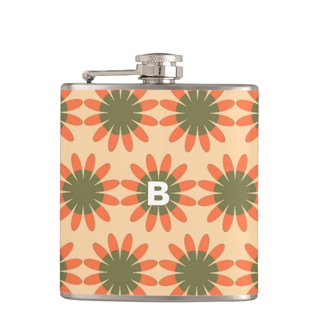 Orange and Green Retro Flower Pattern Monogram Hip Flask (Front)