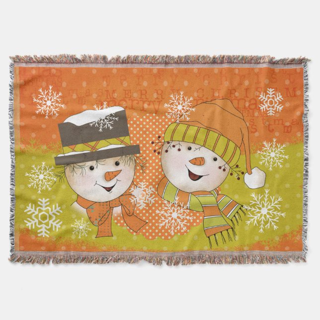 Orange and Green Snowmen Holiday Throw Blanket (Front)