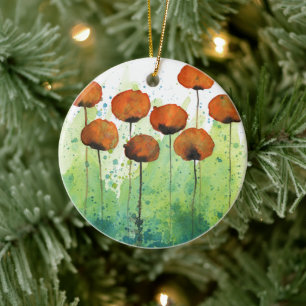 Orange and Green Watercolor Flowers Ceramic Ornament