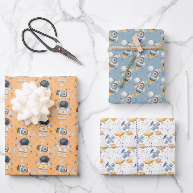 Orange and Grey Astronaut Wrapping Paper Sheets (Front)