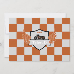 Orange and grey chequered and motorcycle announcement