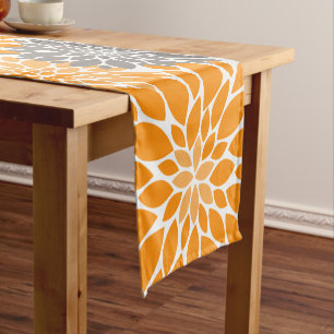 Orange and Grey Chrysanthemums Floral Pattern Short Table Runner