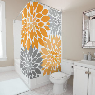 Orange and Grey Chrysanthemums Floral Pattern Shower Curtain