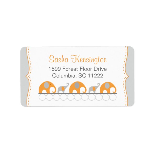 Orange and Grey Elephants Baby Girl Shower Label (Front)