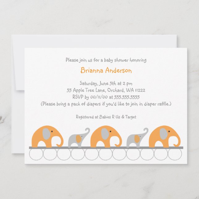 Orange and Grey elephants girl baby shower invite (Front)