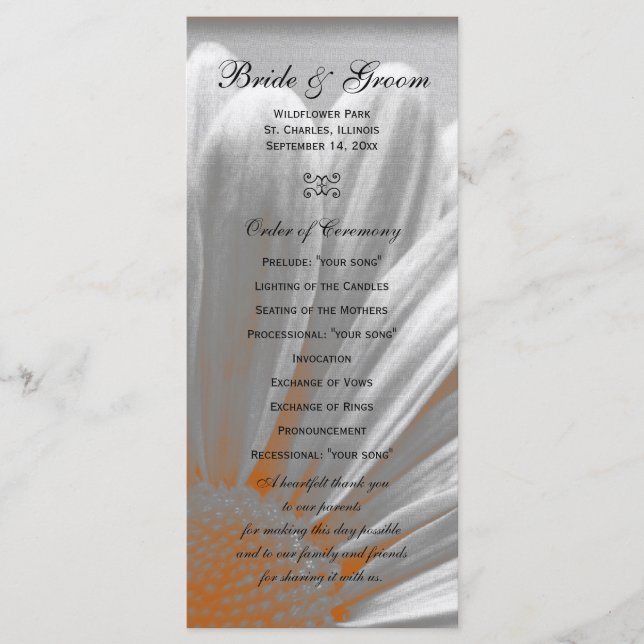 Orange and Grey Floral Highlights Wedding Program (Front)
