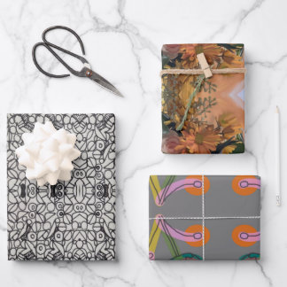 Orange and grey flower art and doodles wrapping paper sheet