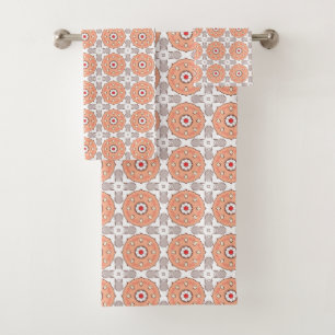 Orange and grey geometric circular pattern bath towel set