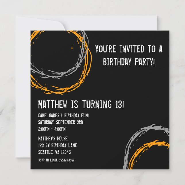 Orange and Grey Grunge Circles Boy Birthday Party Invitation (Front)