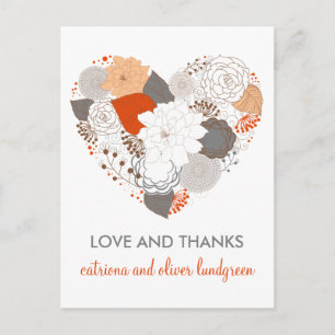 Orange and Grey Heart Flowers Thank You Postcard